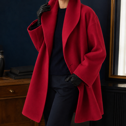 Coat Polyester Oversized Mid-Length with Broad Lapel Collar