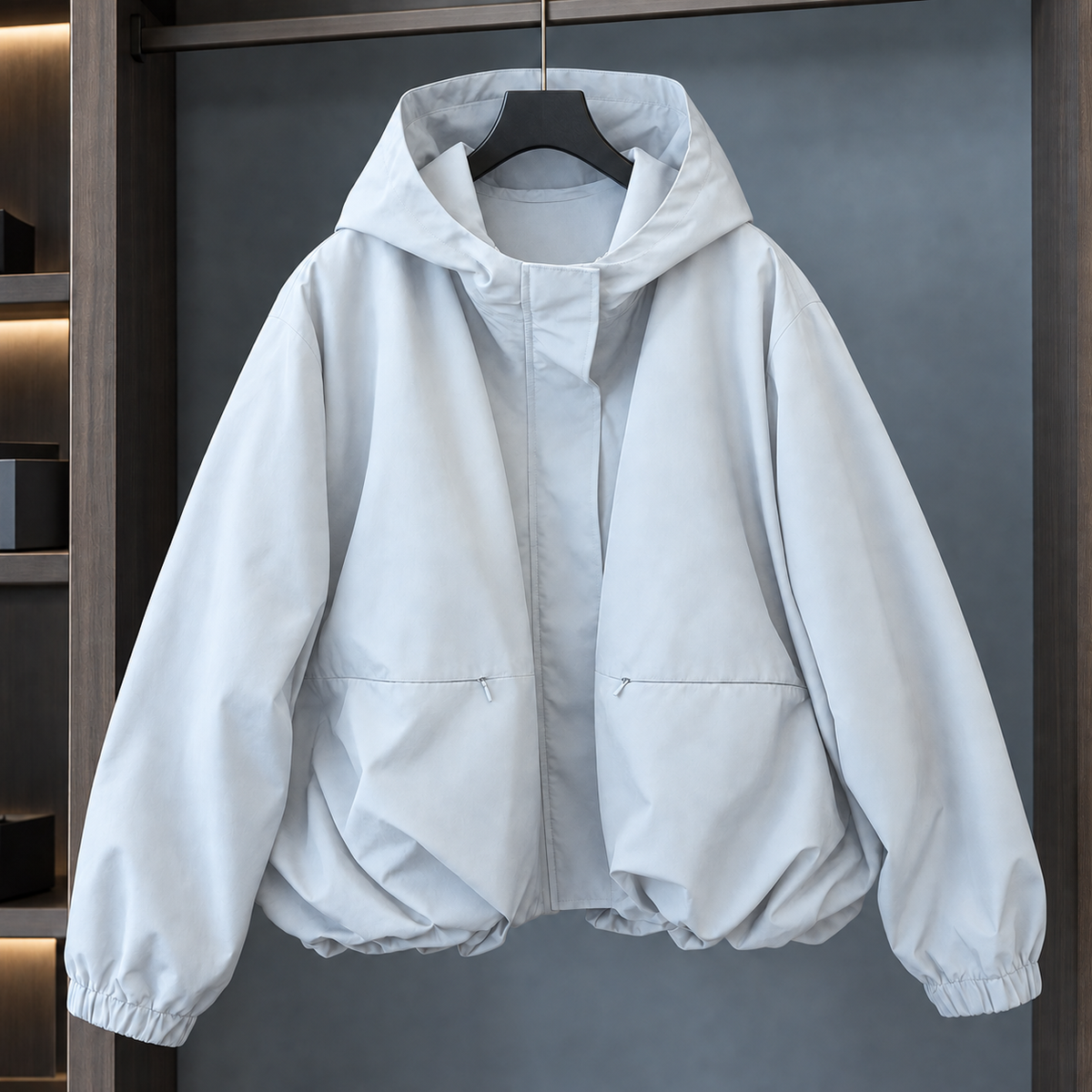Cocoon Jacket Polyester Hooded with Bubble Hem and Concealed Zip