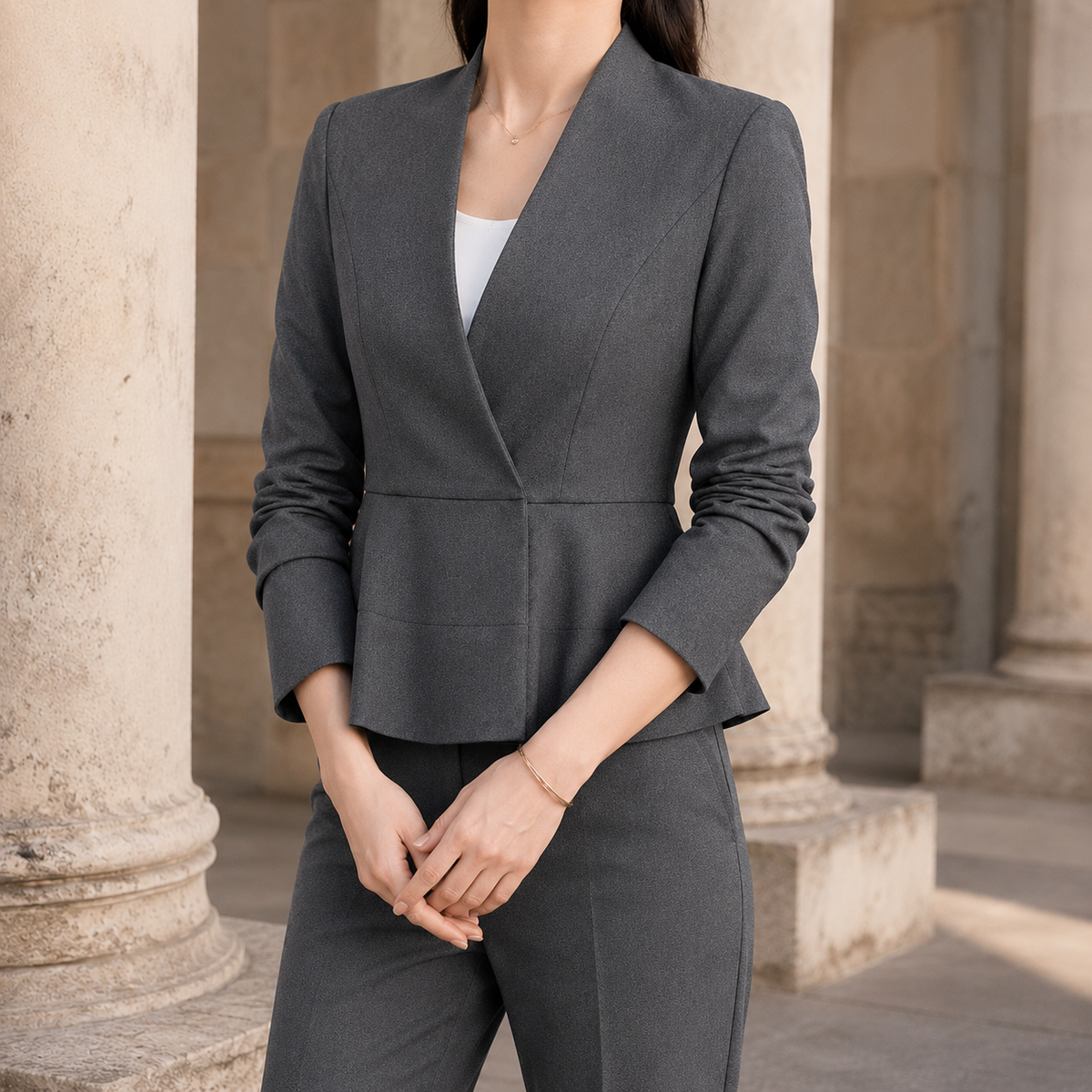 Peplum Blazer Polyester Fitted with Wrap-Effect Front and V Neckline