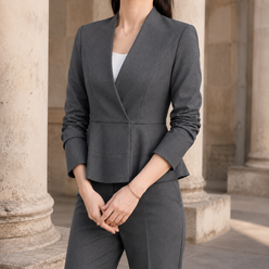 Peplum Blazer Polyester Fitted with Wrap-Effect Front and V Neckline