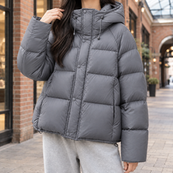 Puffer Jacket Duck Down Relaxed Hip-Length with Adjustable Hood