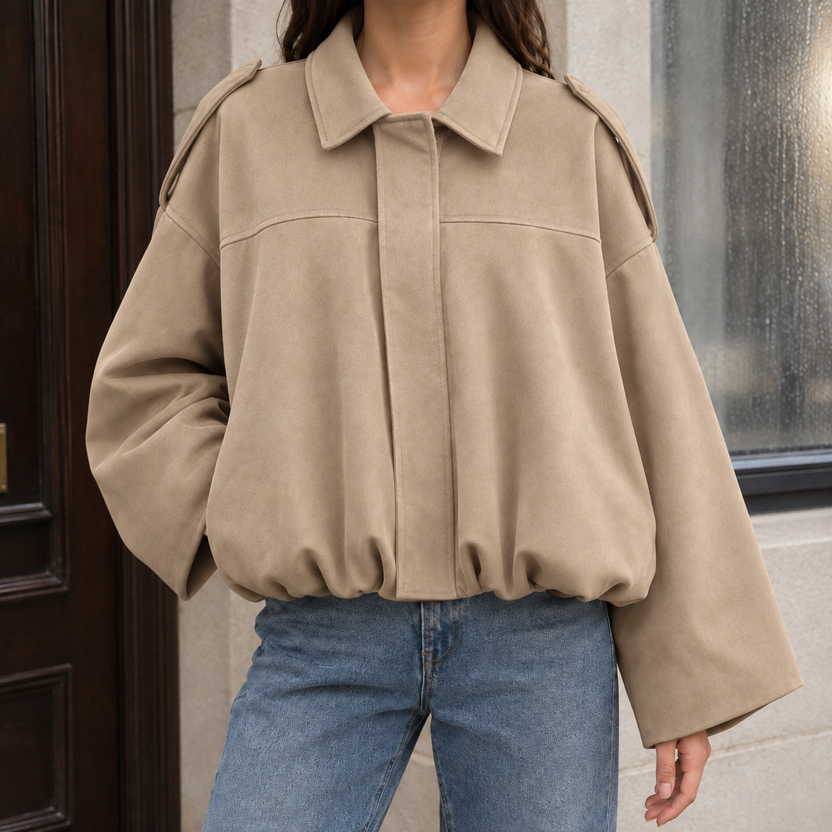 Bomber Jacket Faux Suede Relaxed with Dropped Shoulders and Bubble Hem