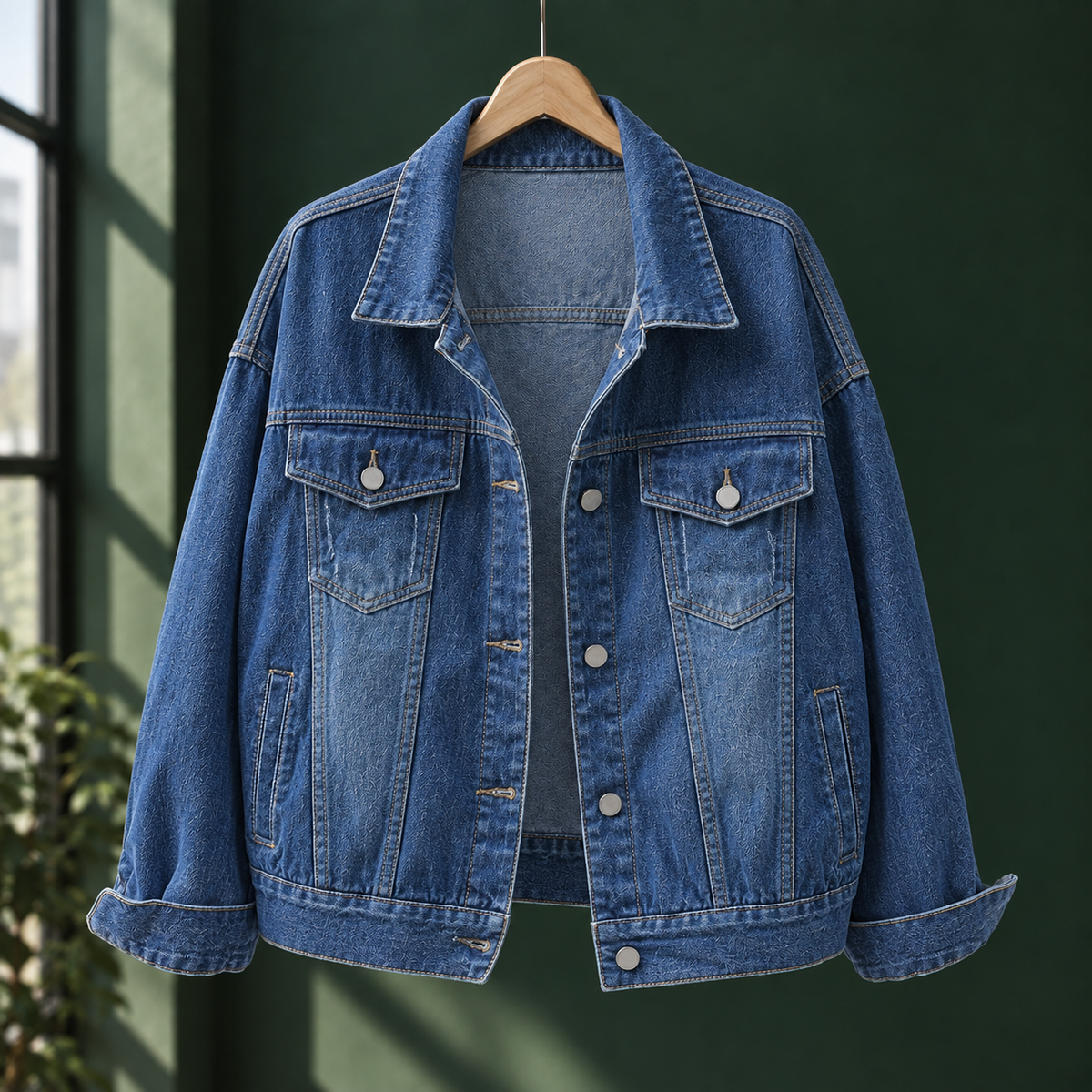 Denim Jacket Cotton Blend Relaxed with Four Pockets and Turned Cuffs