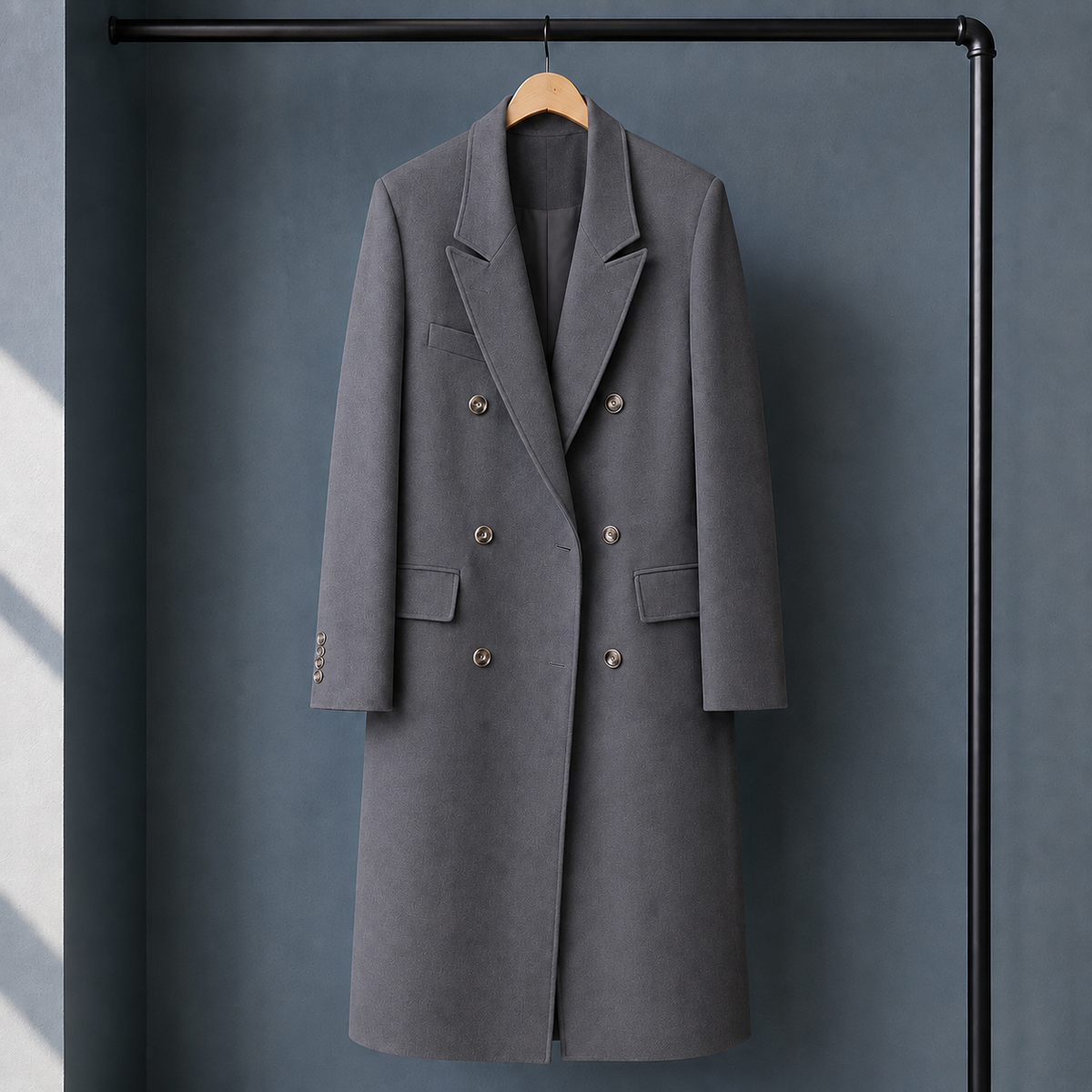 Blazer Polyester Longline Double-Breasted with Broad Peak Lapels