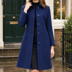 Coat Polyester A-Line Mid-Length with Lapel Collar and Single Breast