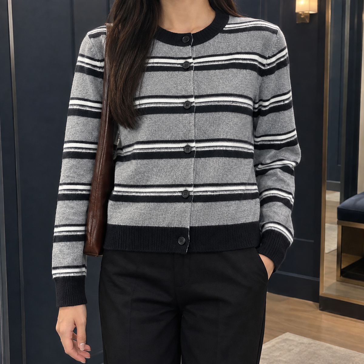 Striped Waist-Length Cardigan