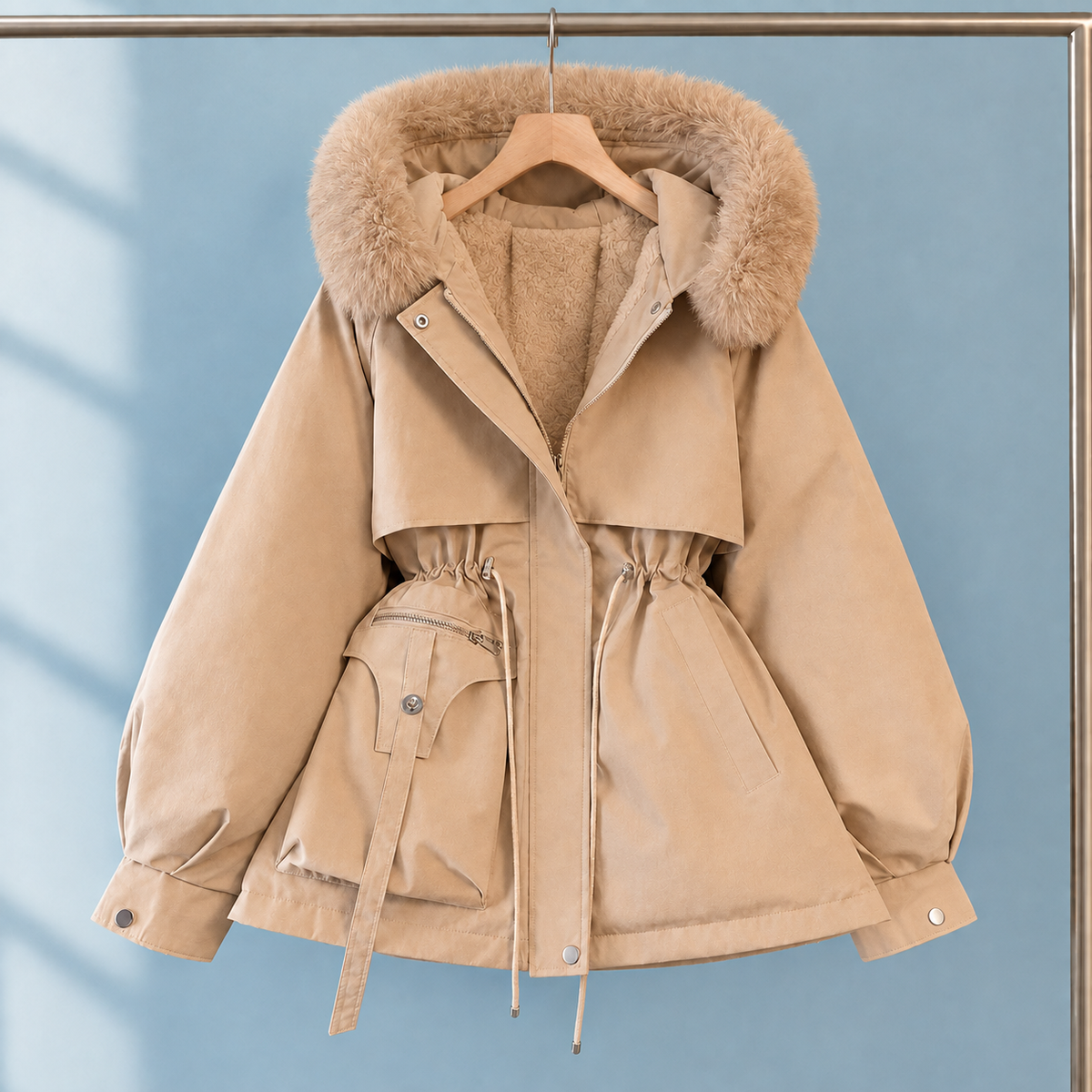 Parka Polyester Short with Faux Fur Hood Trim and Drawstring Waist