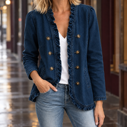 Denim Jacket Cotton Blend with Ruffled Edging and Antique-Tone Buttons