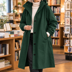 Overcoat Polyester Hooded Longline with Button Front and Side Pockets