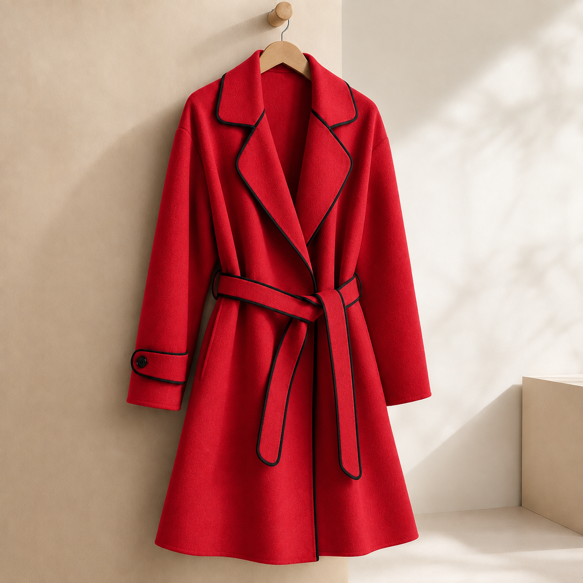 Coat Cashmere-Feel Brushed Polyester Wrap with Contrast Piping