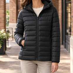 Quilted Jacket Cashmere-Feel Slim Hip-Length with Fixed Padded Hood