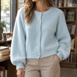 Fuzzy Knit Pearl Button Cardigan