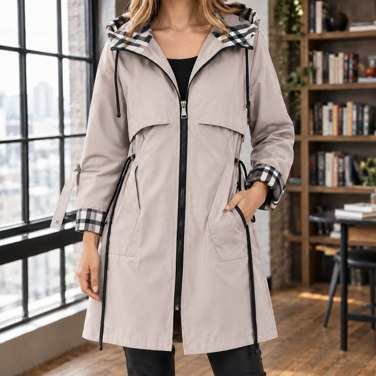 Hooded Jacket Polyester with Check Trim, Full Zip and Drawcord Waist