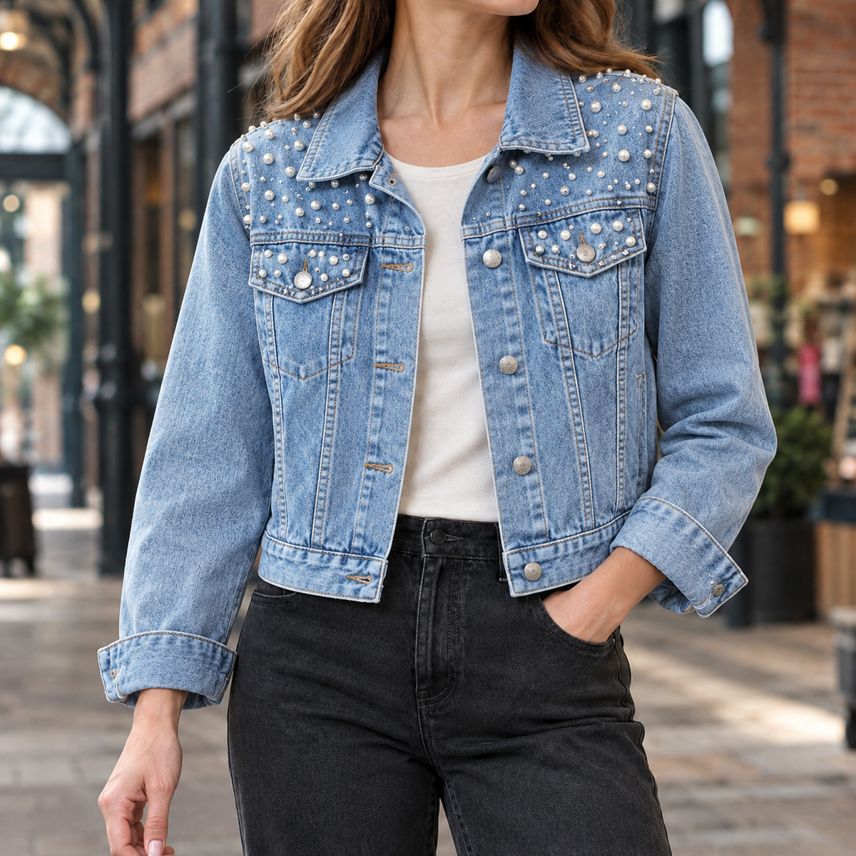 Denim Jacket Washed Cropped with Pearl-Like Studs and Pointed Collar
