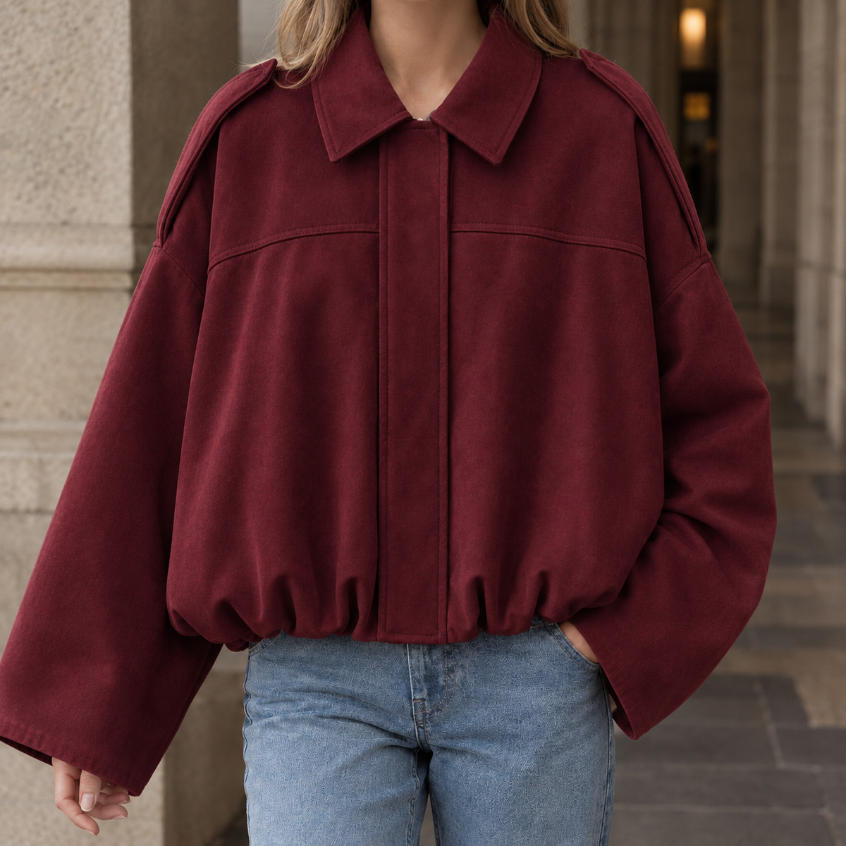 Jacket Faux Suede Cropped with Pointed Lapel Collar and Cape Sleeves