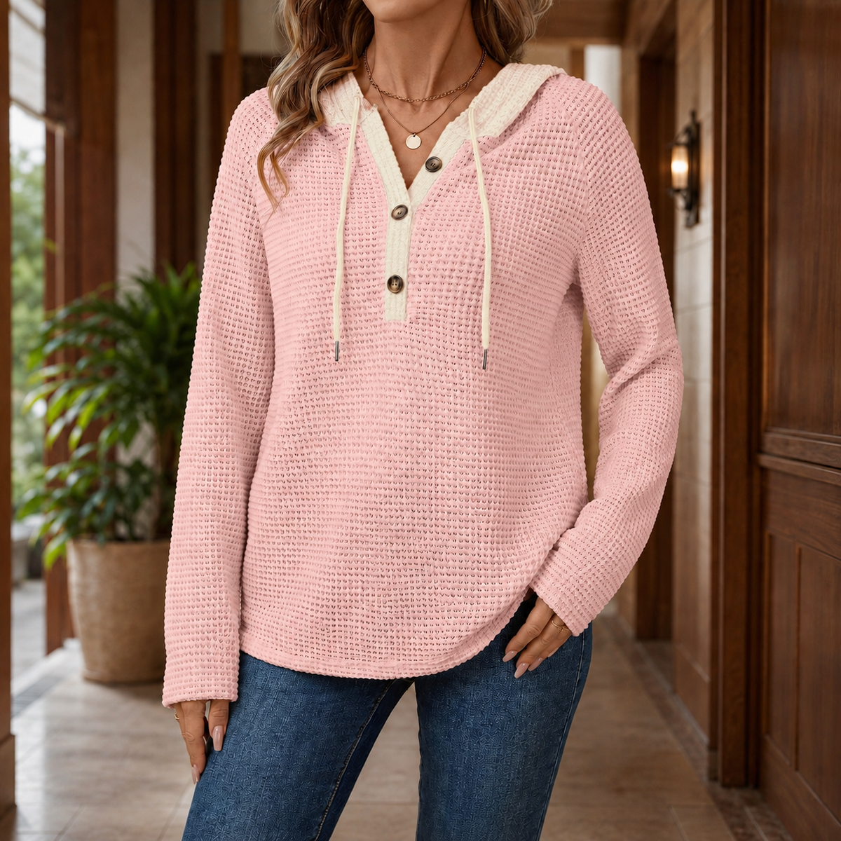 Waffle Knit Jumper with Contrast Hood