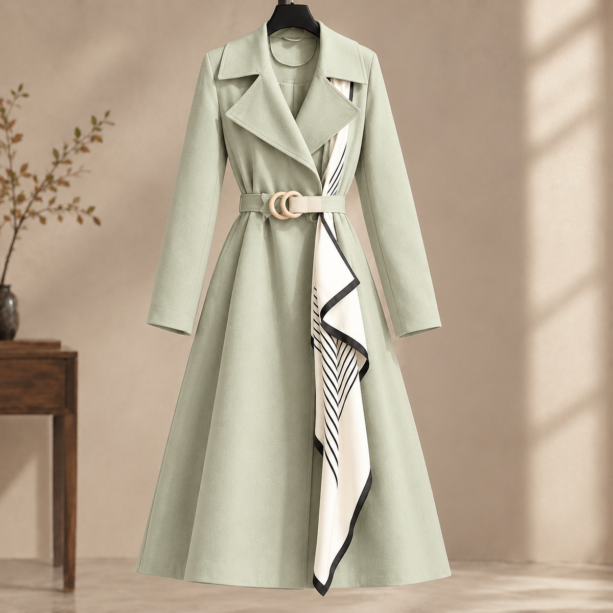 Overcoat Polyester Longline with Ring-Buckle Belt and Contrast Panel
