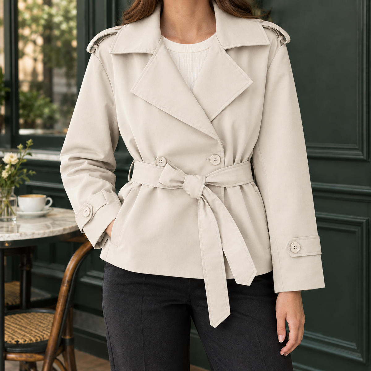 Trench Jacket Polyester Belted with Wide Lapels and Cuff Tabs