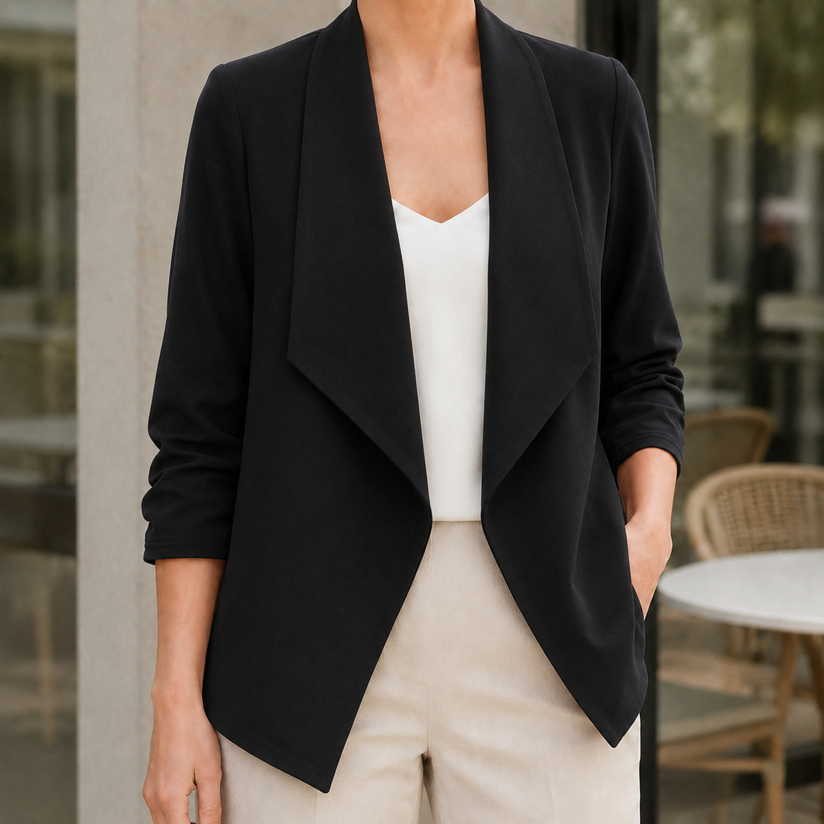 Blazer Polyester Draped Collarless with Open Front, Gathered Sleeves