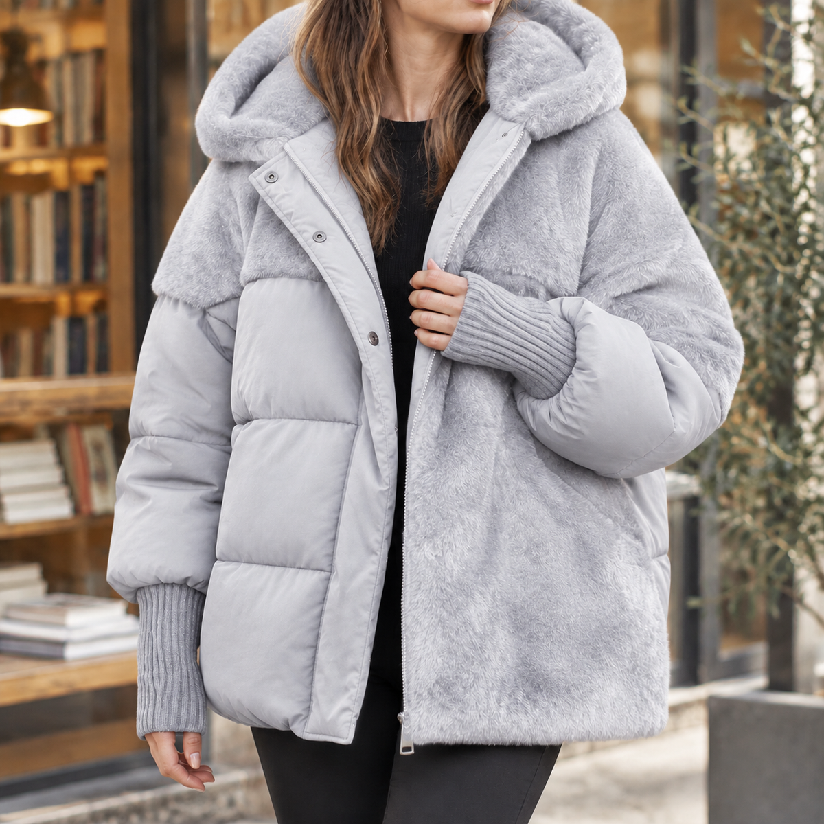 Panelled Jacket Cotton Blend with Plush and Quilted Panels and Hood