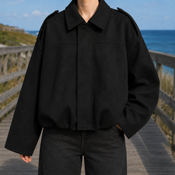Bomber Jacket Faux Suede Oversized with Concealed Zip and Epaulettes