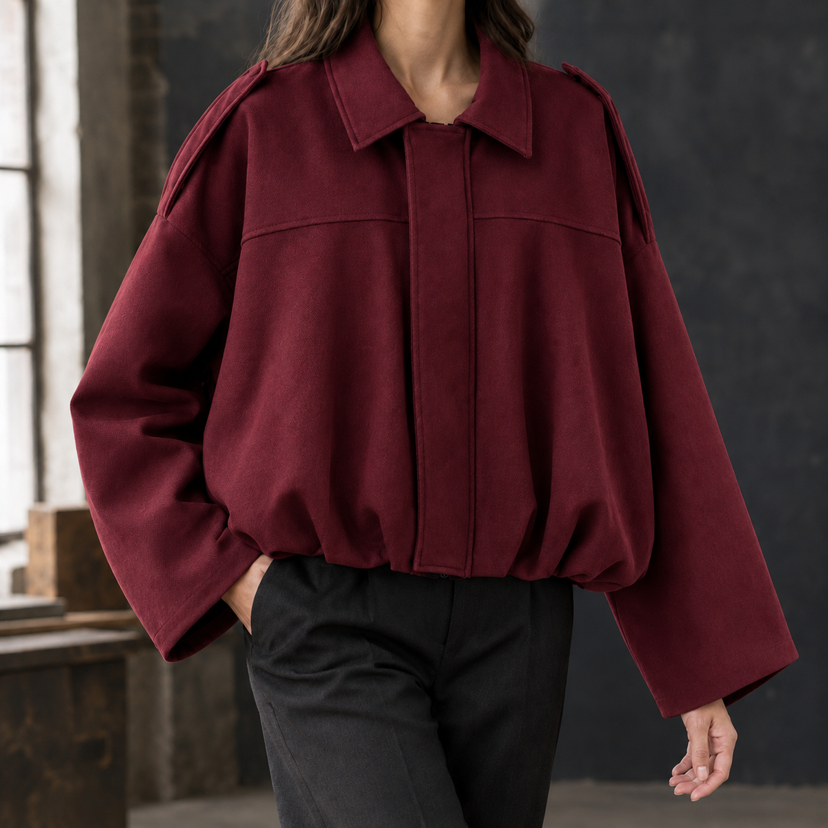 Bomber Jacket Polyester Oversized Batwing with Concealed Zip