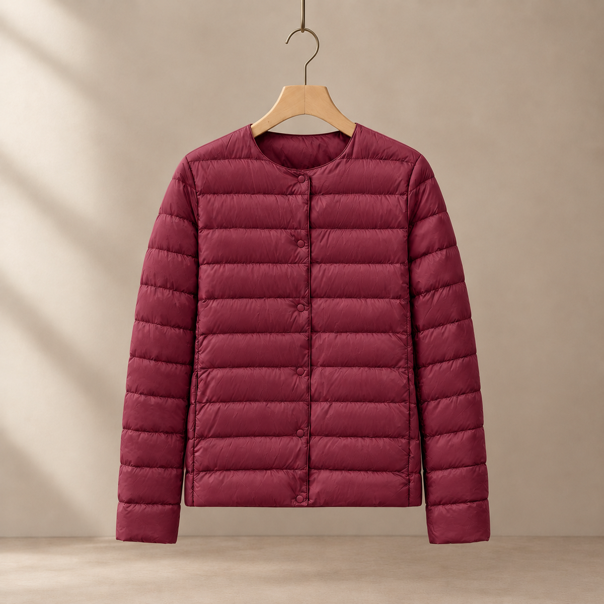 Quilted Jacket Lightweight Down Slim with Round Neck and Welt Pockets