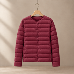 Quilted Jacket Lightweight Down Slim with Round Neck and Welt Pockets
