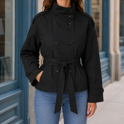 Trench Jacket Polyester Cropped with Funnel Neck and Tie Waist