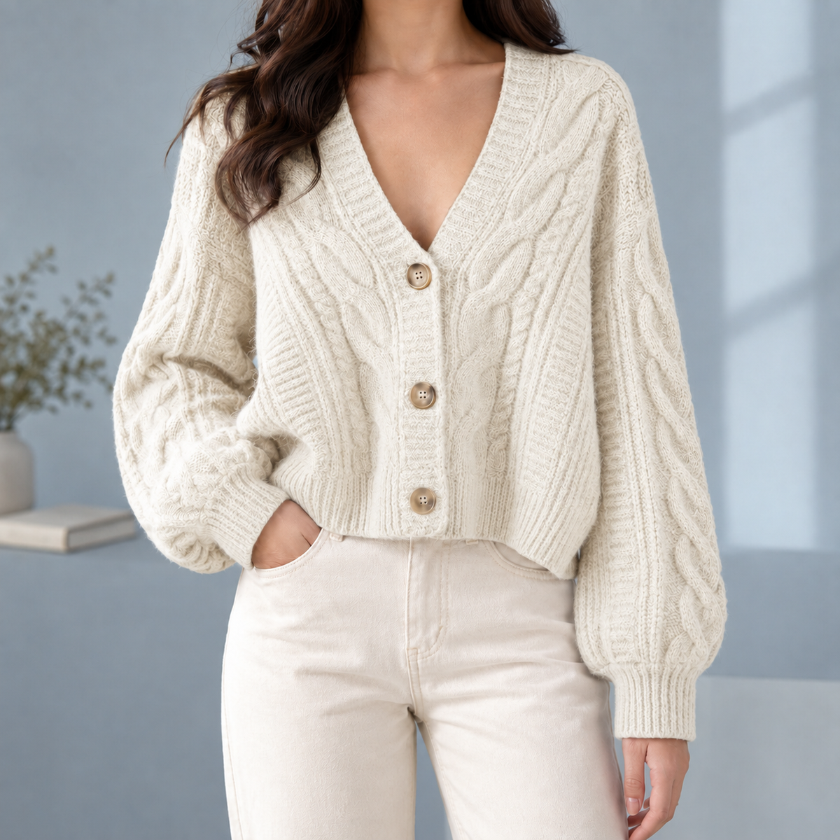 Deep V-Neck Cable Cardigan