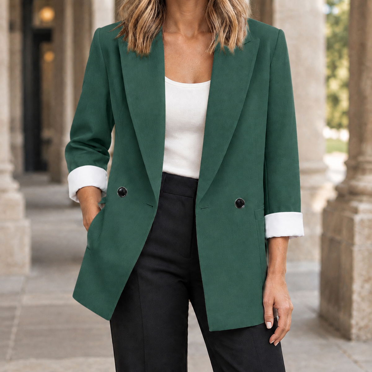 Blazer Polyester Relaxed Longline Double-Breasted with Broad Lapels