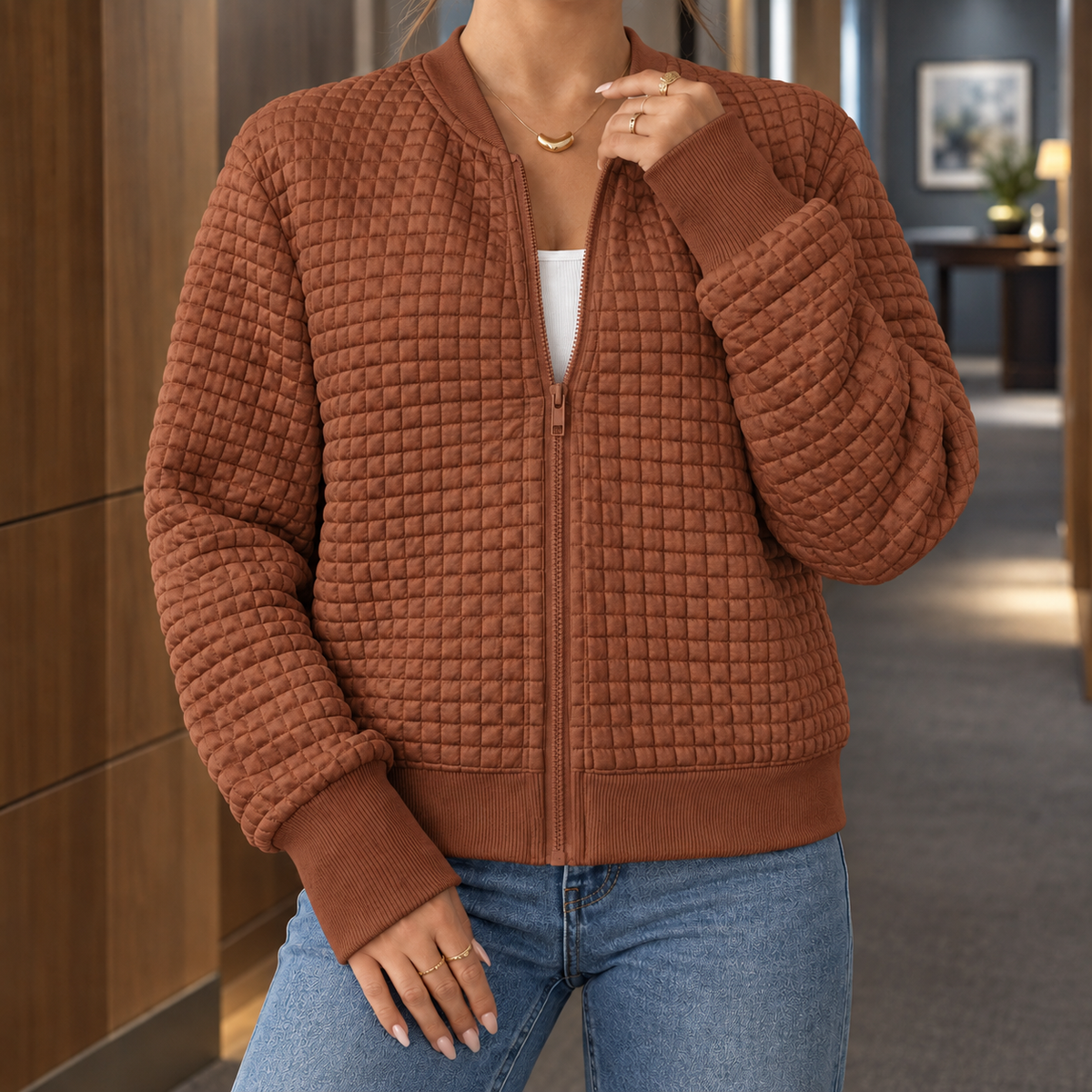 Bomber Jacket Cotton Blend Quilted with Full Zip and Ribbed Cuffs