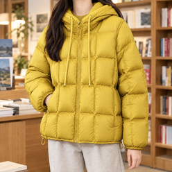 Quilted Jacket Duck Down Boxy with Hood and Adjustable Drawcord Hem