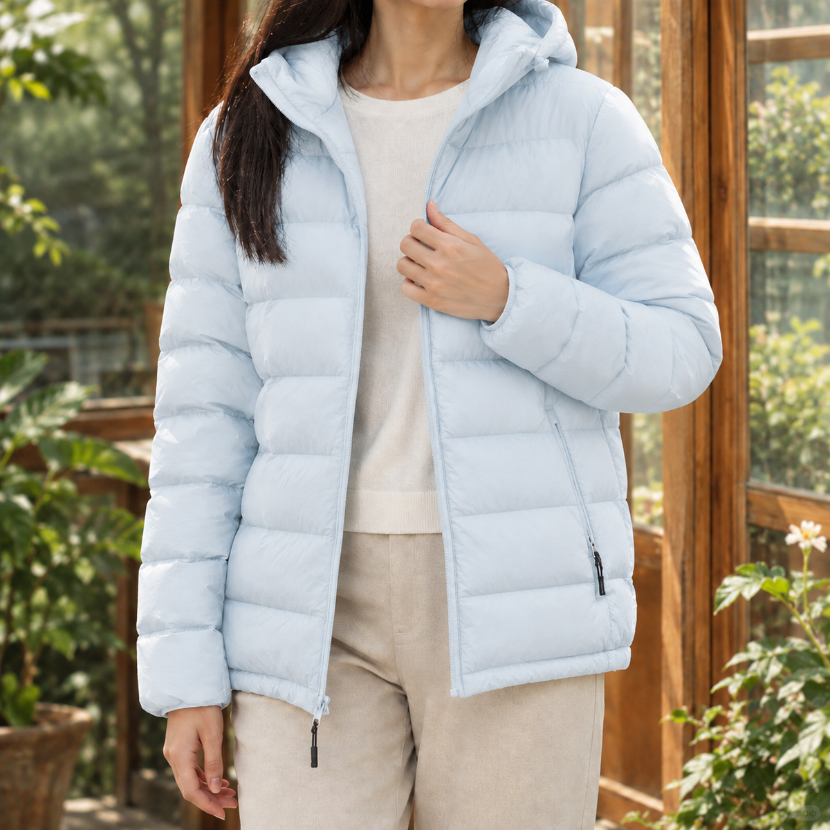 Puffer Jacket White Duck Down Filled with Hood and Full Zip