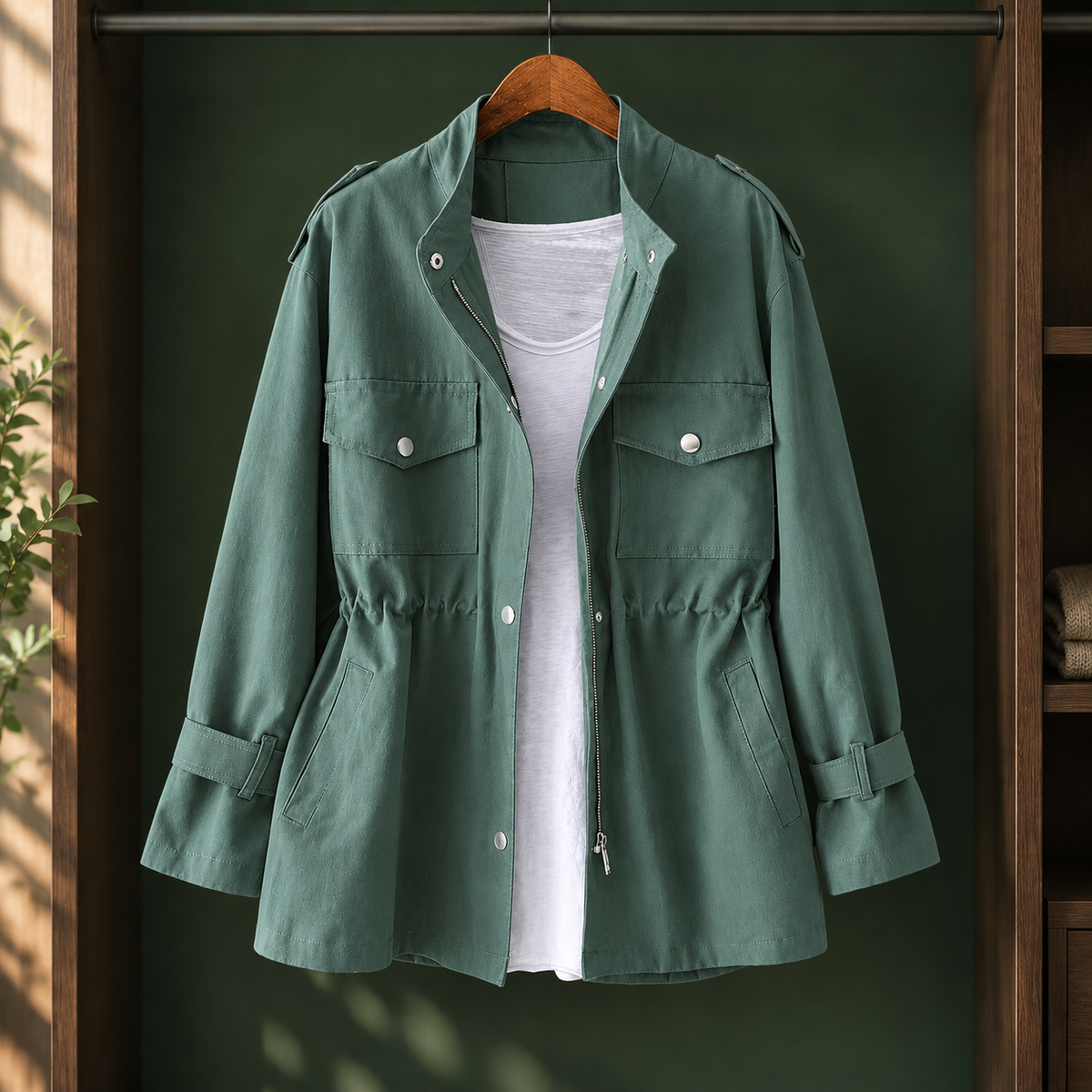 Utility Jacket Polyester Relaxed with Drawstring Waist, Zip-Snap Front