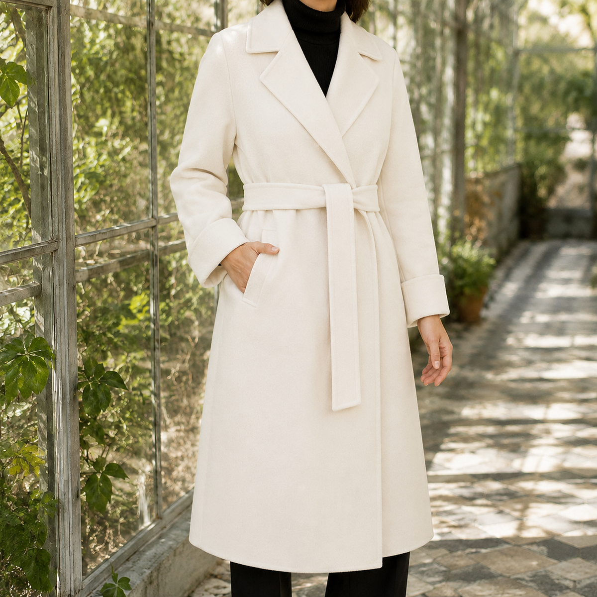 Overcoat Wool Blend Belted Longline with Classic Notched Lapels
