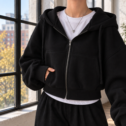Cropped Fleece-Lined Zip Hoodie