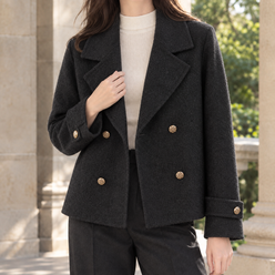 Jacket Wool Double-Breasted Cropped Relaxed with Buttoned Cuff Straps