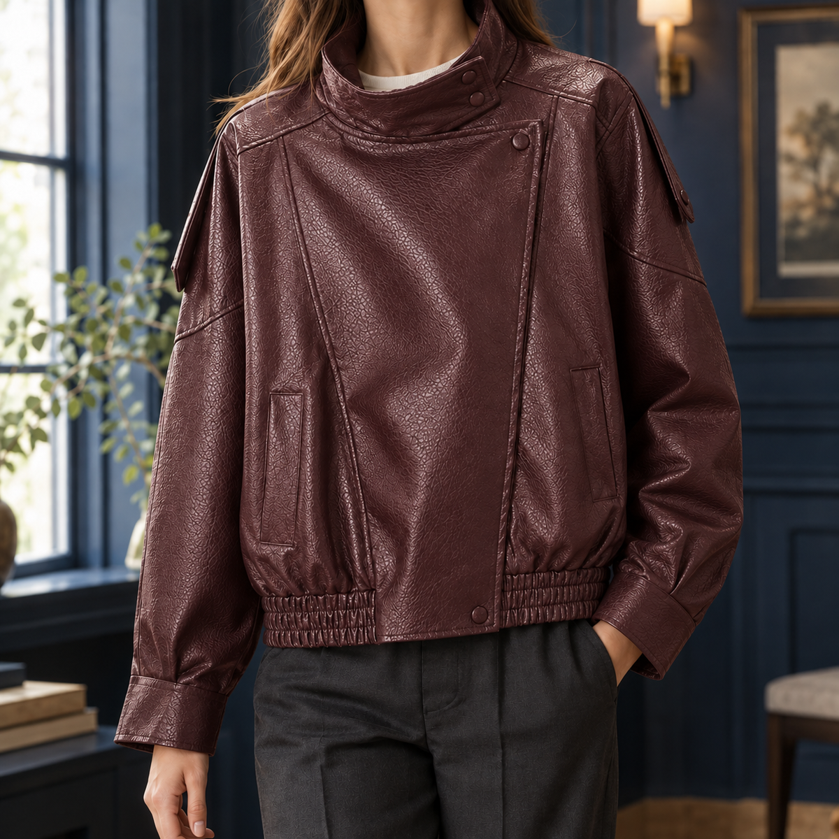 Moto Jacket Faux Leather Cropped with Pebbled Finish and Stand Collar