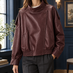 Moto Jacket Faux Leather Cropped with Pebbled Finish and Stand Collar