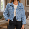 Denim Jacket Relaxed Waist-Length with Pearl Embellishments