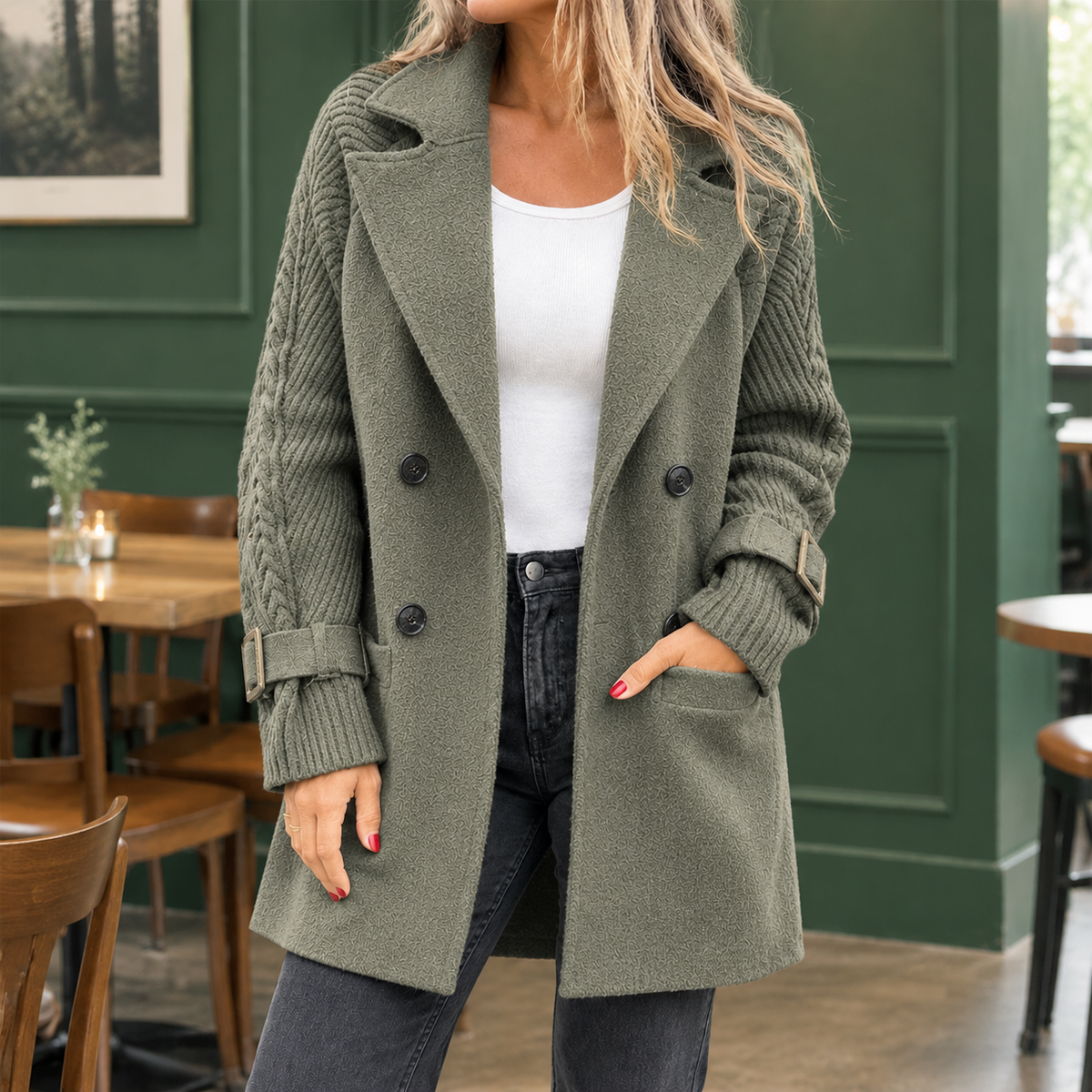 Coat Polyester Mixed Texture with Knitted Sleeves and Patch Pockets