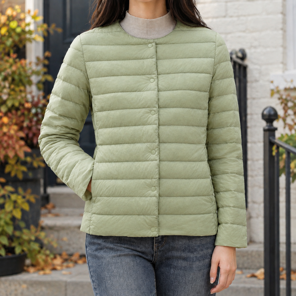 Quilted Jacket Polyester Lightweight with Round Neckline and Snaps