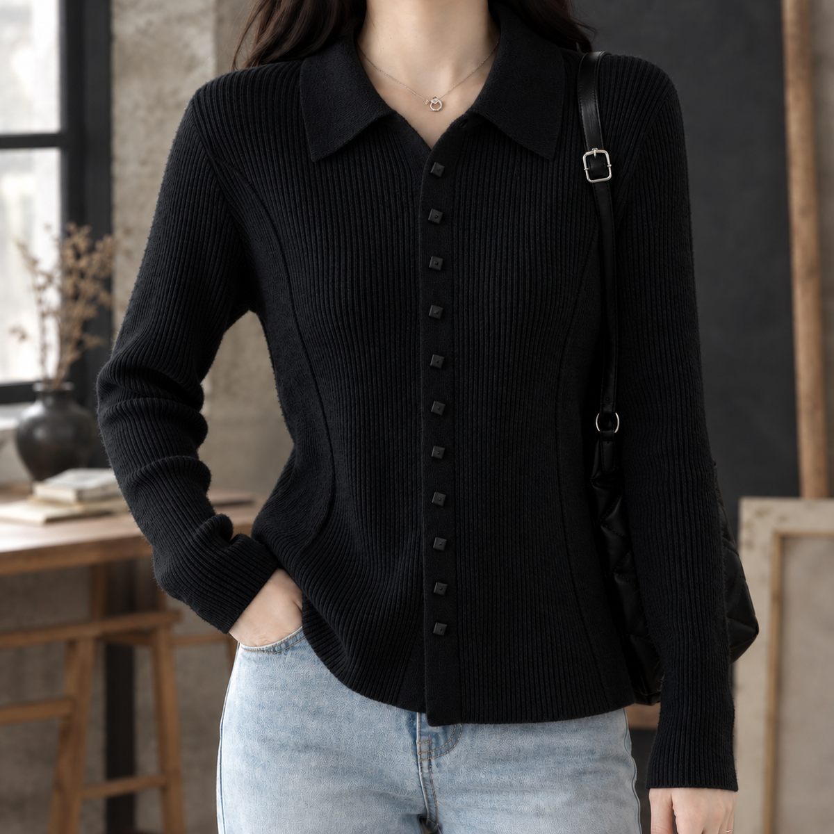 Ribbed Knit-Blend Fitted Cardigan
