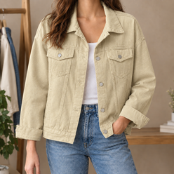 Denim Jacket Cotton Blend Relaxed with Four Pockets, Silver Buttons