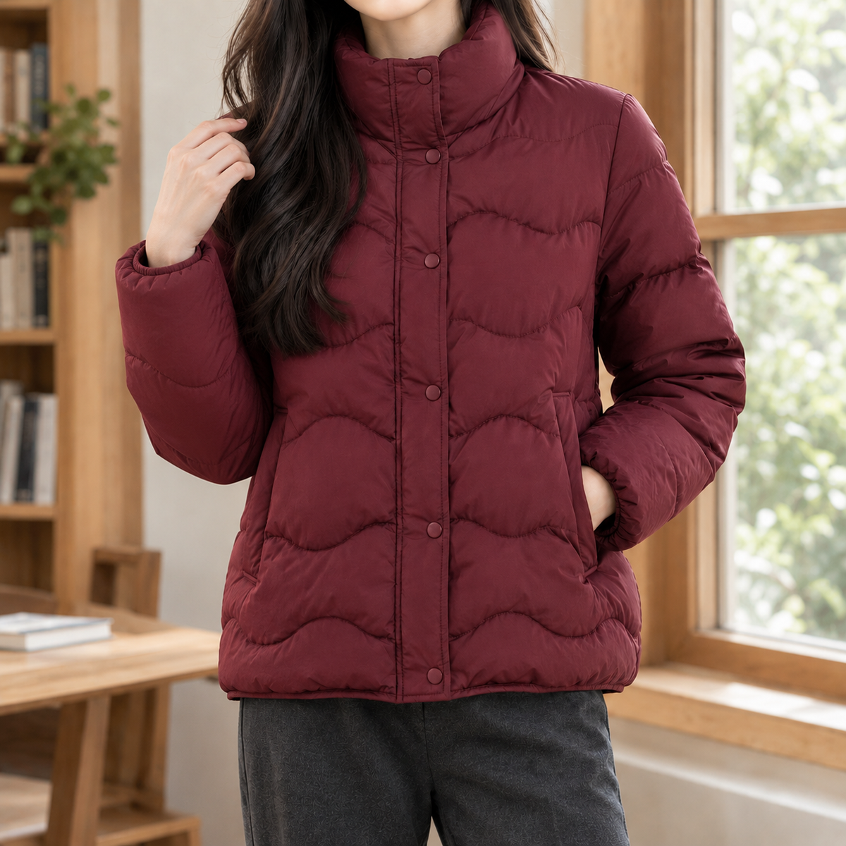 Quilted Jacket Duck Down Padded with Raised Collar and Snap Placket