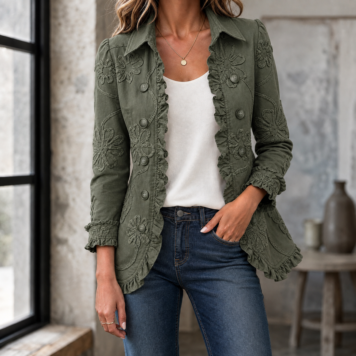 Embroidered Jacket Polyester Floral Appliqué with Ruffled Edges