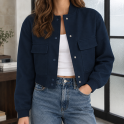 Cropped Utility Jacket Polyester with Ribbed Collar and Chest Pockets