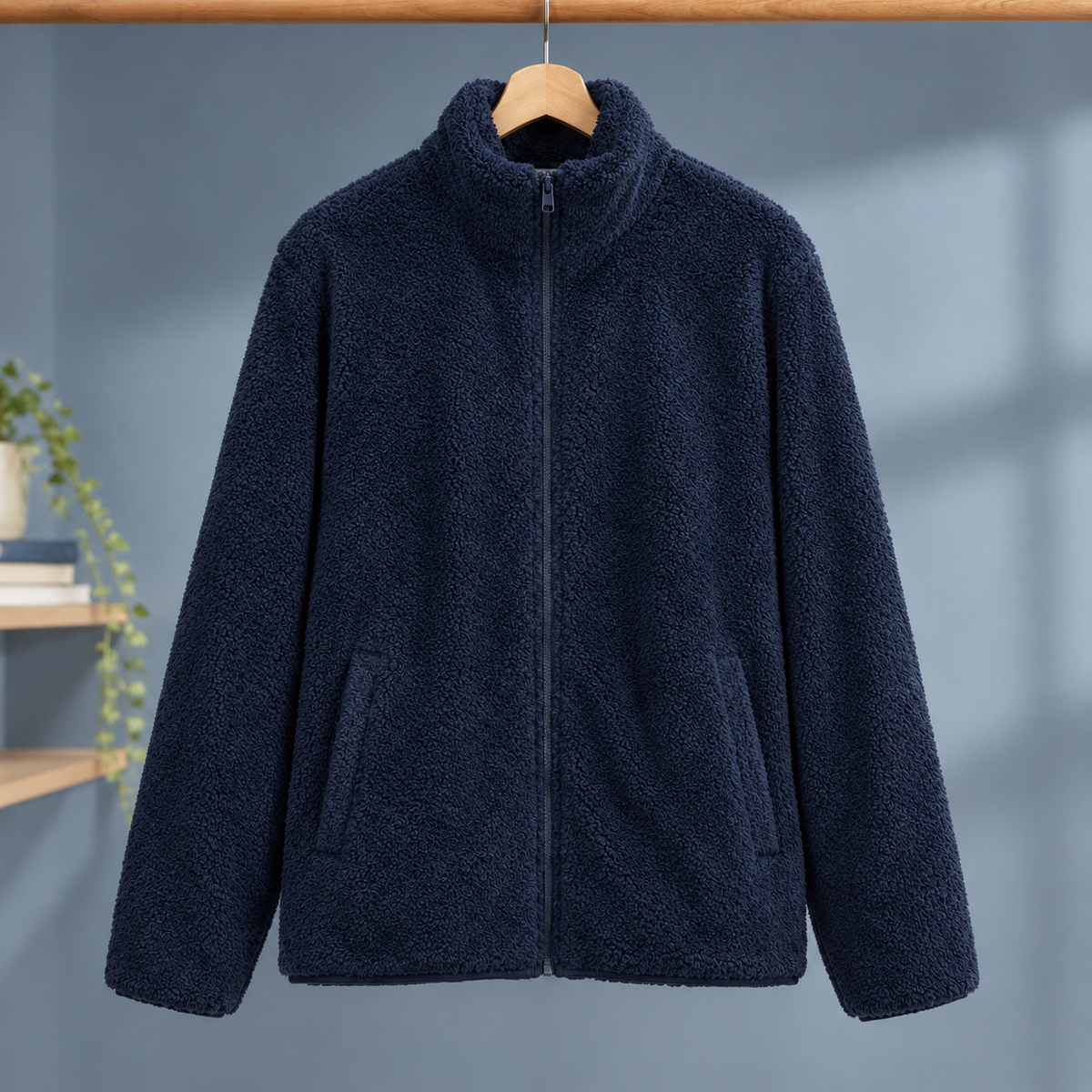 Zip Jacket Polyester Plush Straight Fit with Slanted Hand Pockets