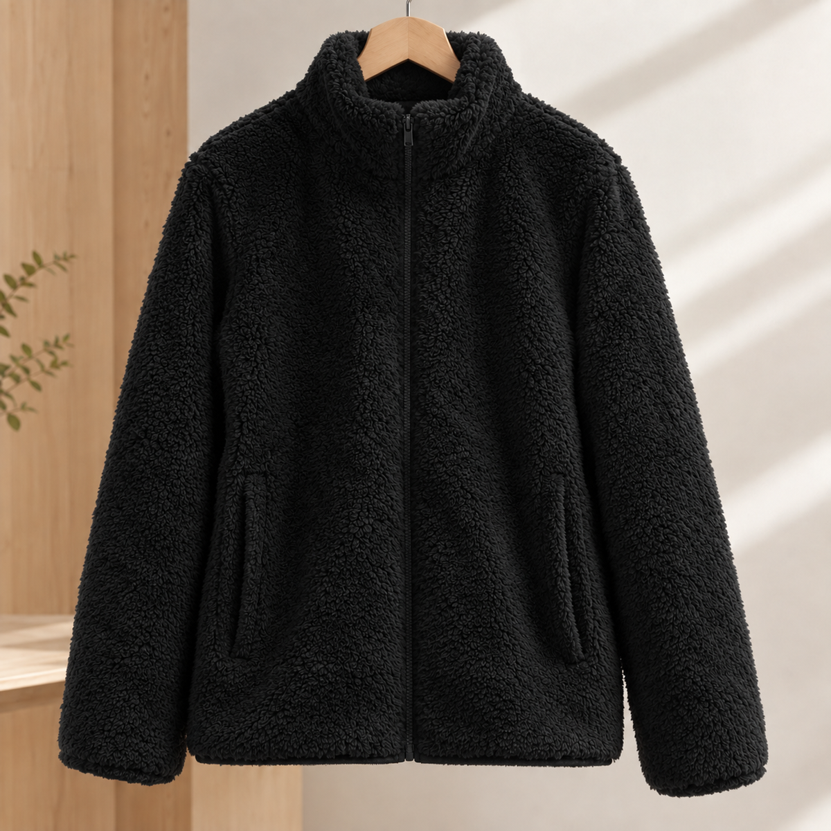 Zip Jacket Polyester Plush Textured with Stand Collar and Hand Pockets